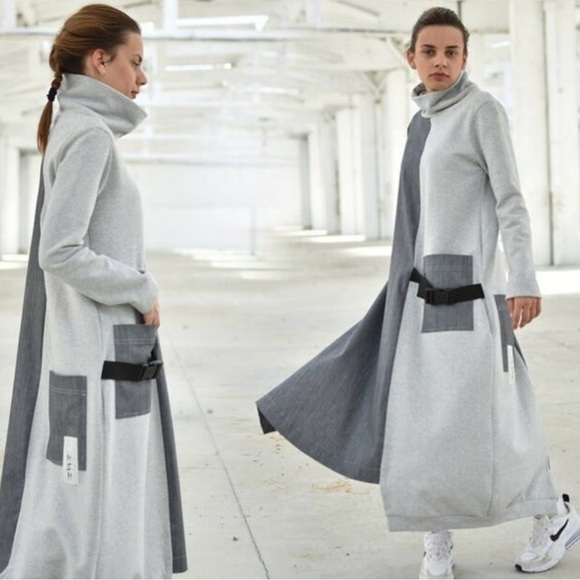 NWOT Fun and funky mixed material turtleneck sweatshirt/chambray maxi dress - XL - Picture 2 of 13